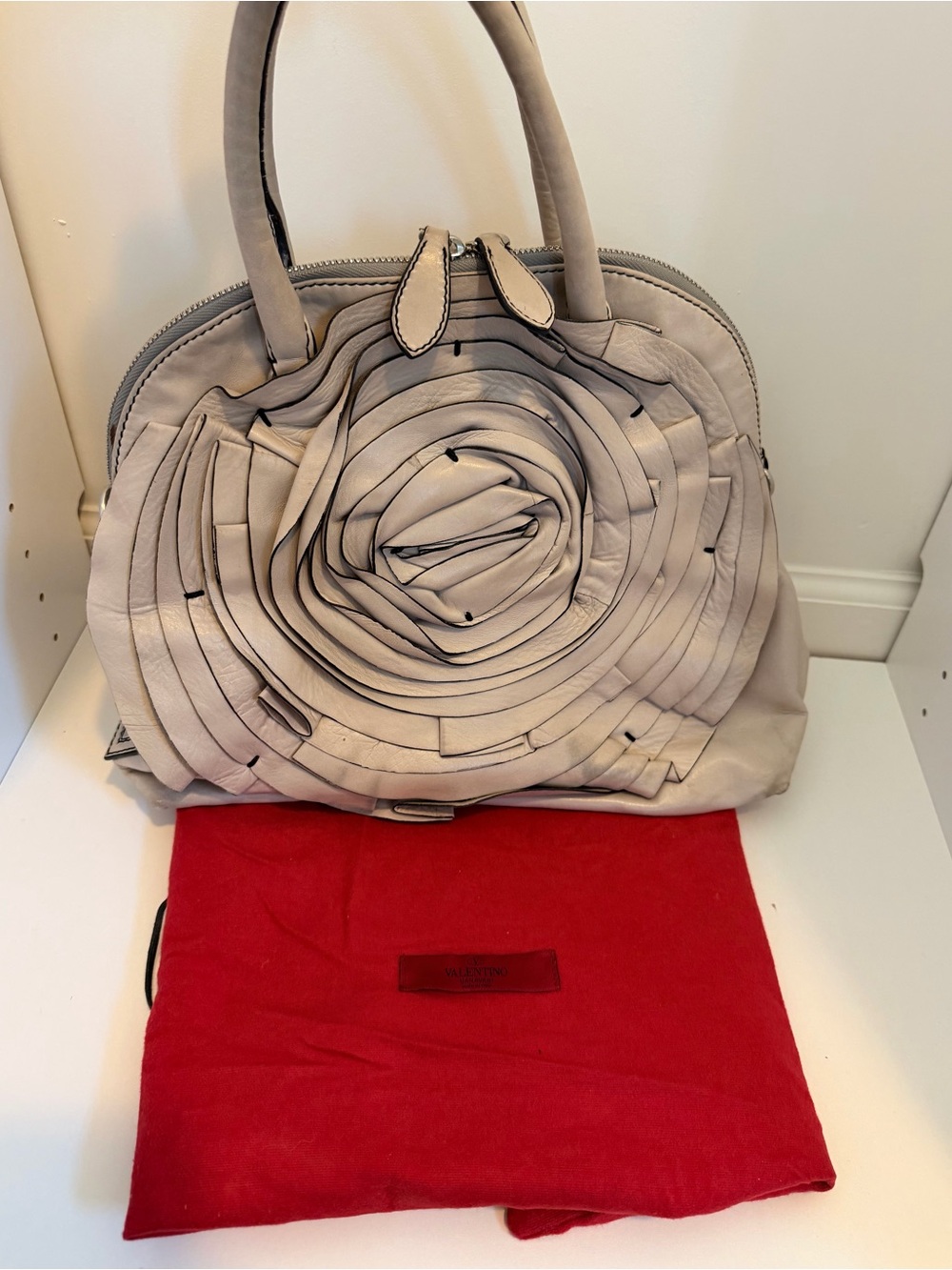 Valentino Light Gray Floral Rosette Shoulder Bag